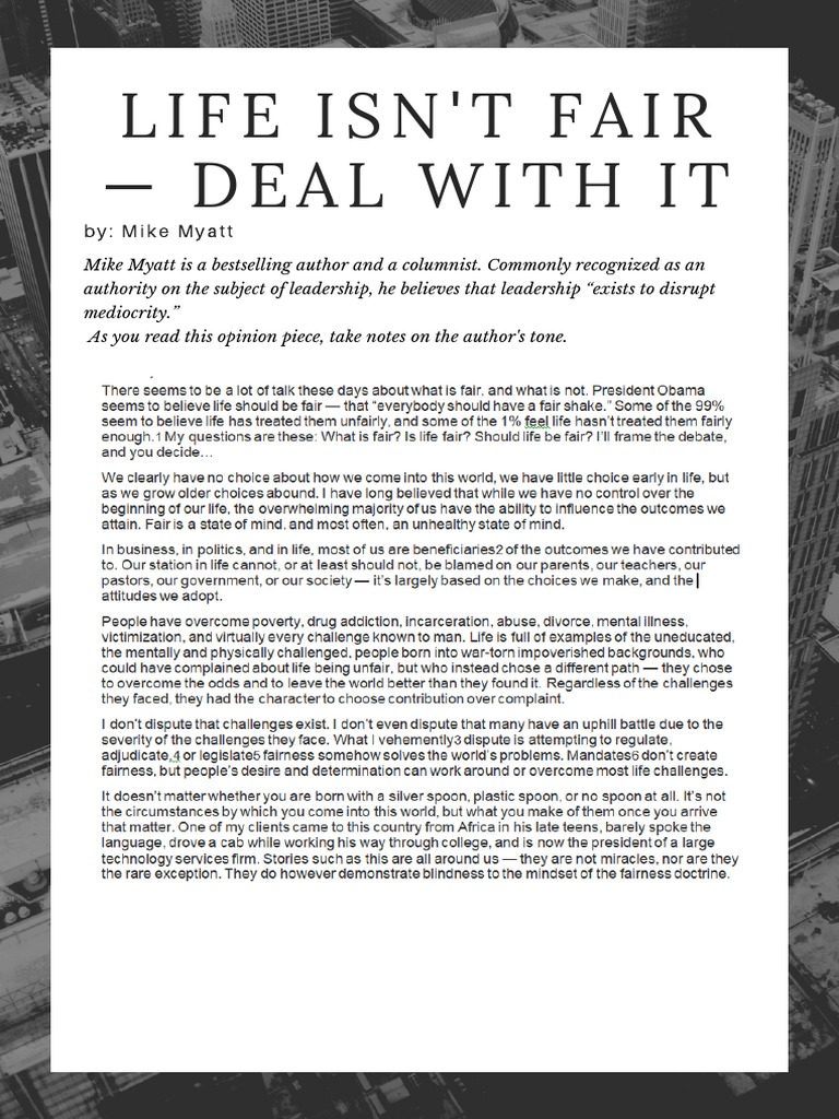 Life Isn't Fair Deal With It PDF Leadership