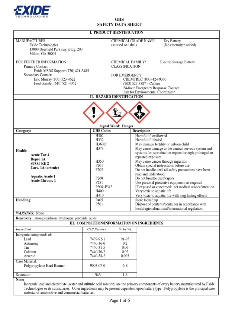 MSDS Baterias John Deere Exide Download Free PDF Arsenic Lead