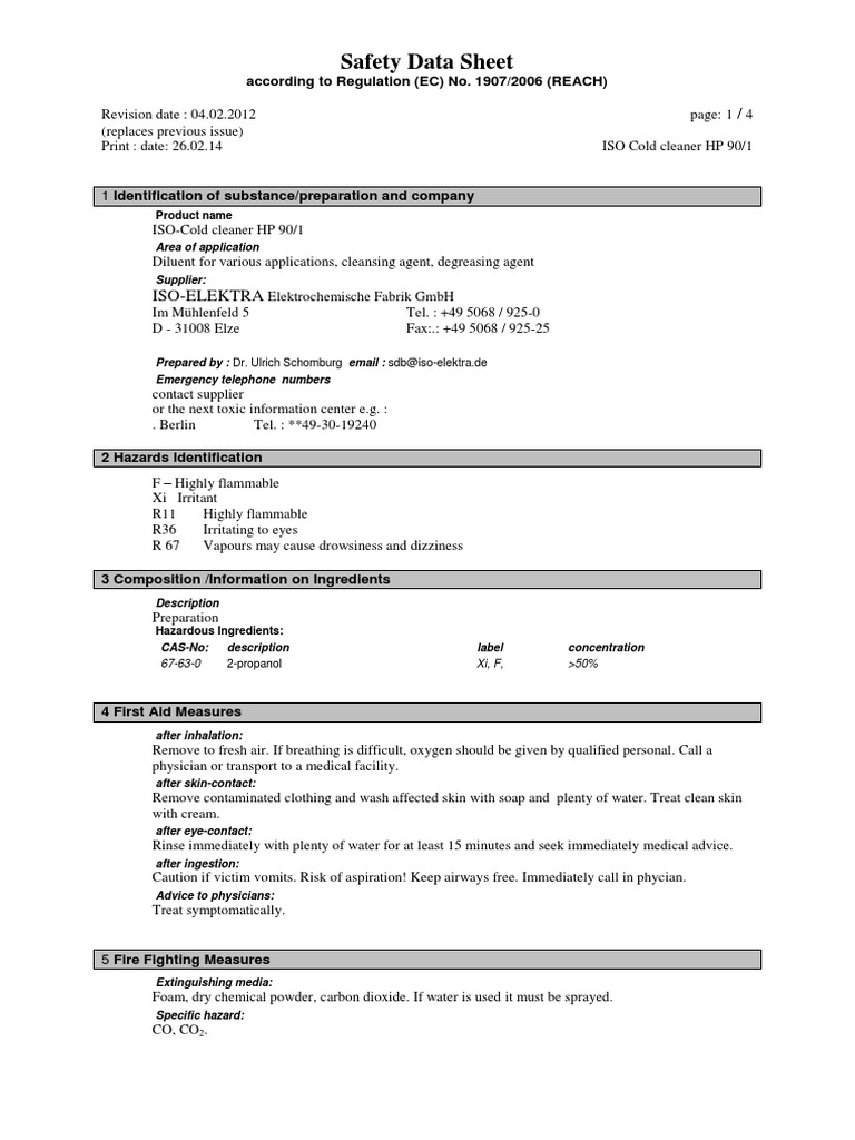 ISO Cold Cleaner HP 90/1 Safety Data Sheet | PDF | Firefighting | Toxicity