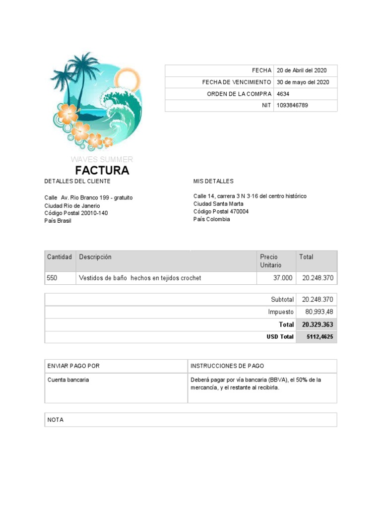 Ejemplo de Factura Comercial en Ingles PDF