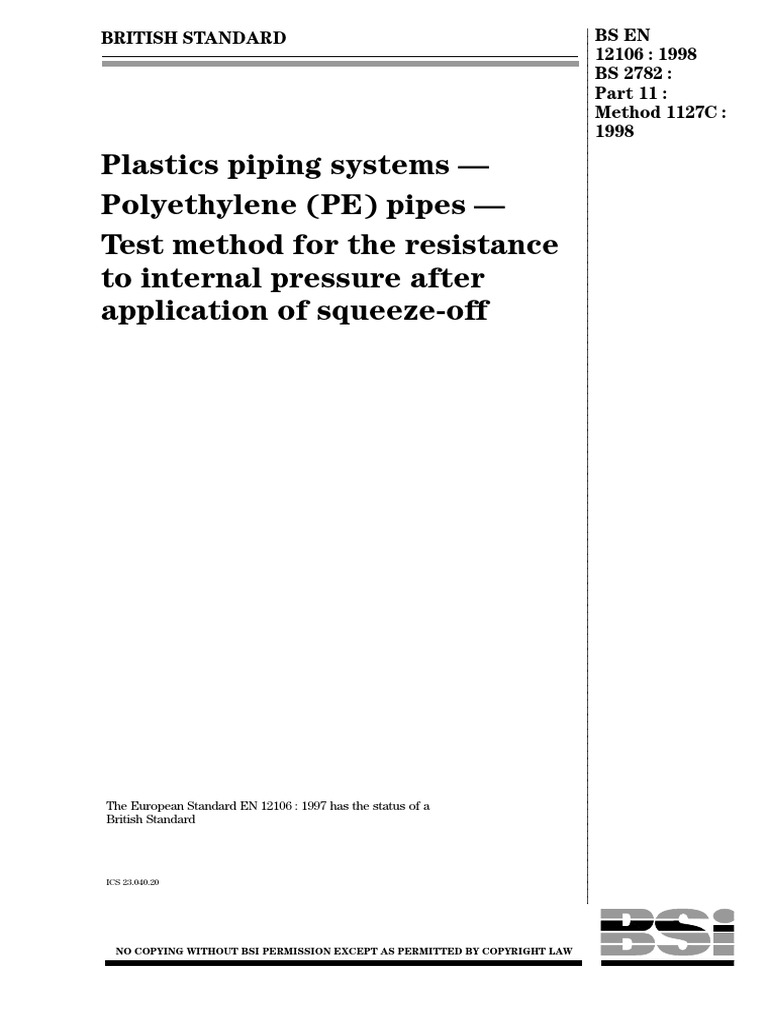 BS en 12106 1998 PDF | PDF | Pipe (Fluid Conveyance) | Copyright