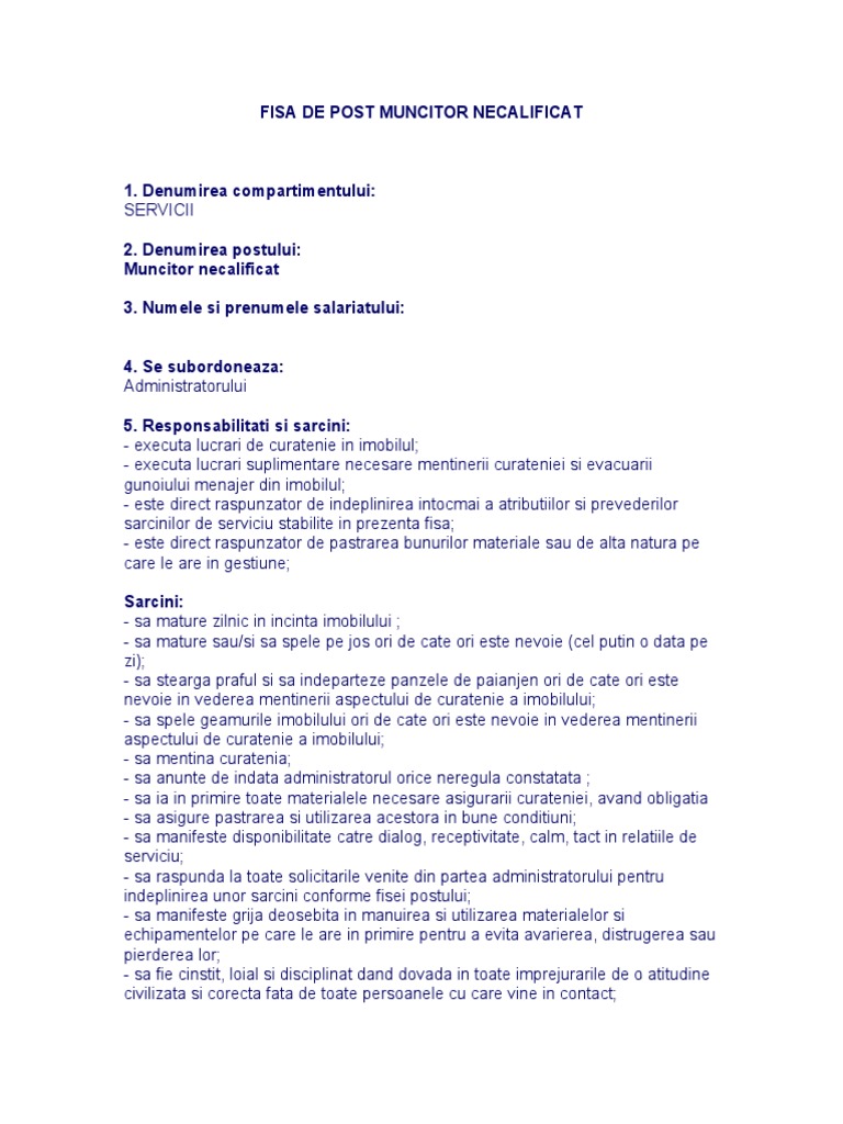 Muncitor Necalificat Constructii Fisa de Post Muncitor Necalificat | PDF