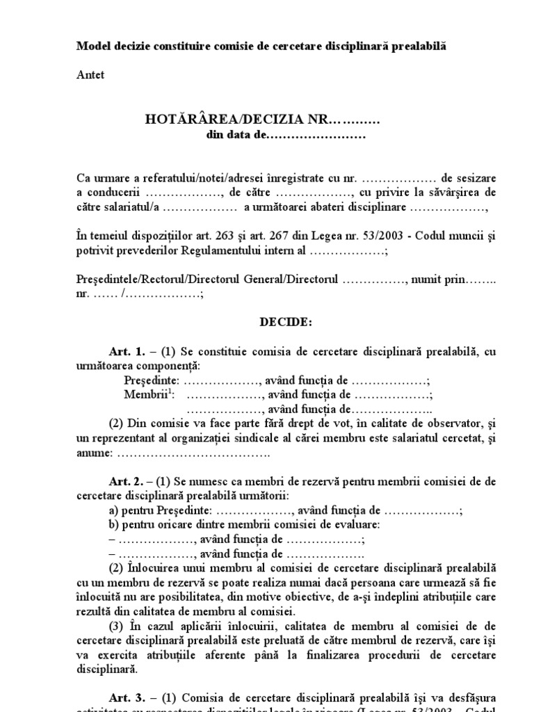 Model decizie constituire comisie