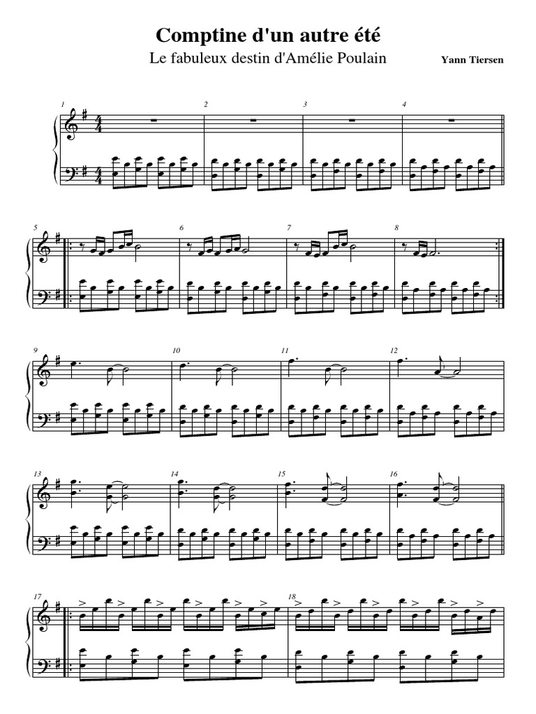 Partition Amelie Poulain Comptine D Un Autre été Pdf Comptine D Un Autre Ete Piano PDF | PDF | Échecs | Ouverture (échecs)