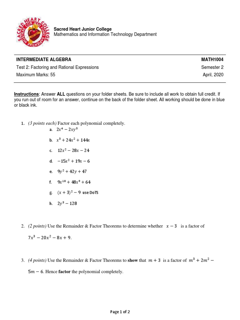 MATH1004 Test 2: Factoring & Expressions | PDF