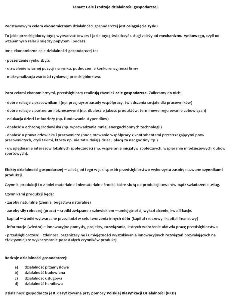 Zaznacz Rodzaje Działalności Gospodarczej Zaliczane Do Usług Cele I Rodzaje Działalności Gosp. | PDF