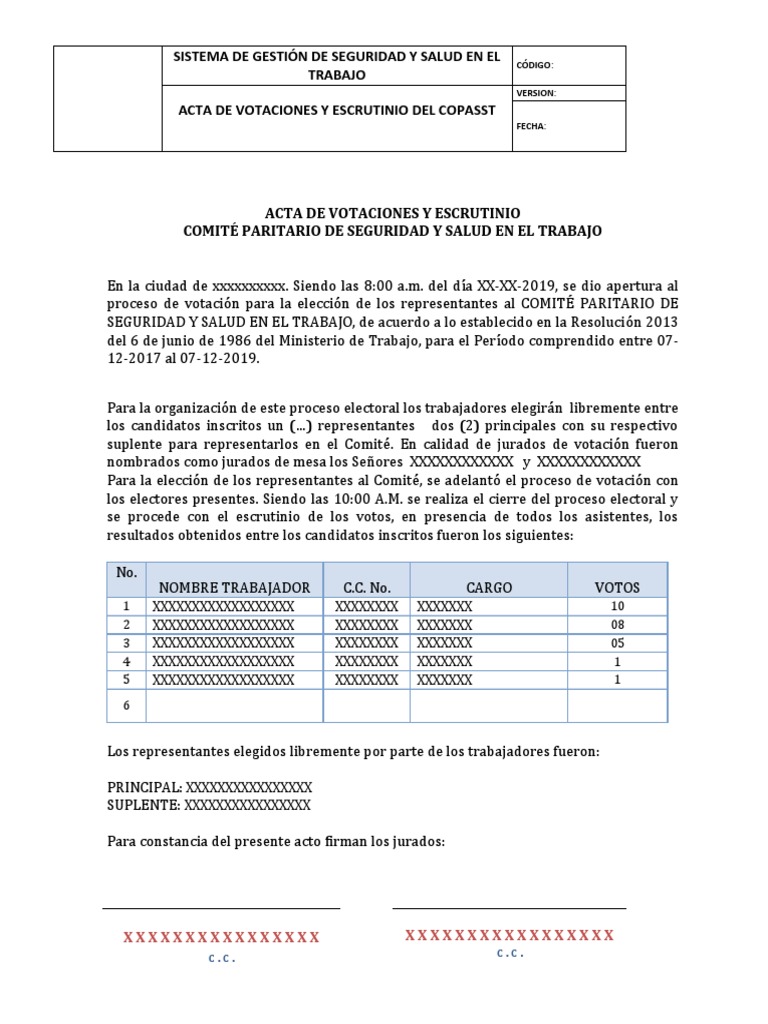 Acta de Votaciones COPASST 2019 | PDF | Tecnología