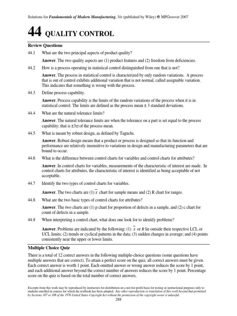 Quality Control Review Questions PDF Engineering Tolerance