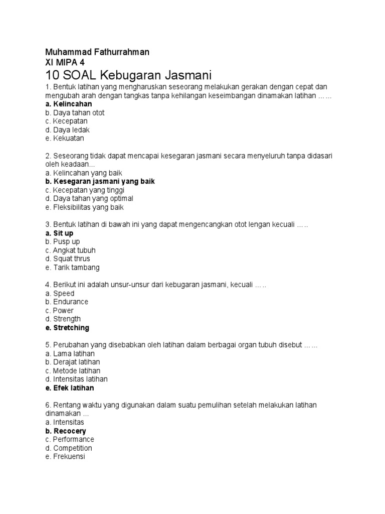 10 Soal Kebugaran Jasmani Muhammad Fathurrahman Xi Mipa 4