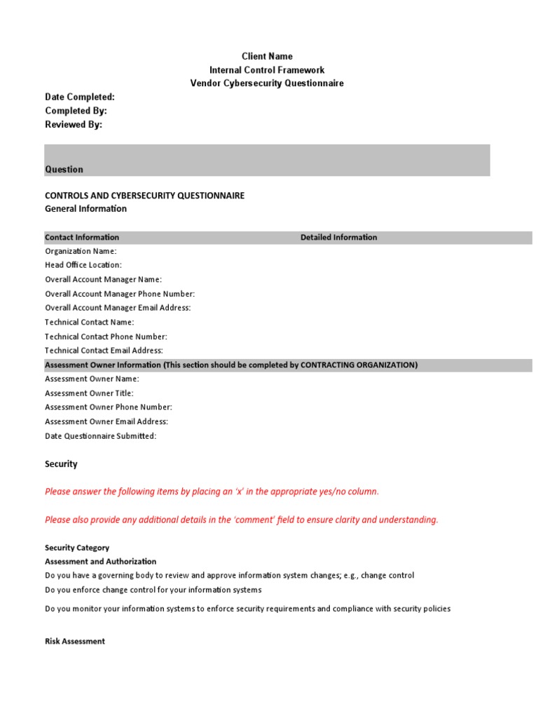 Vendor Cybersecurity Questionnaire – CGNPEB