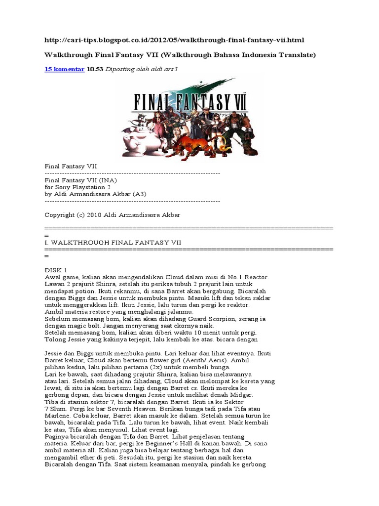 Walkthrough Final Fantasy VII | PDF | Fiksi Misteri, Thriller, & Kejahatan