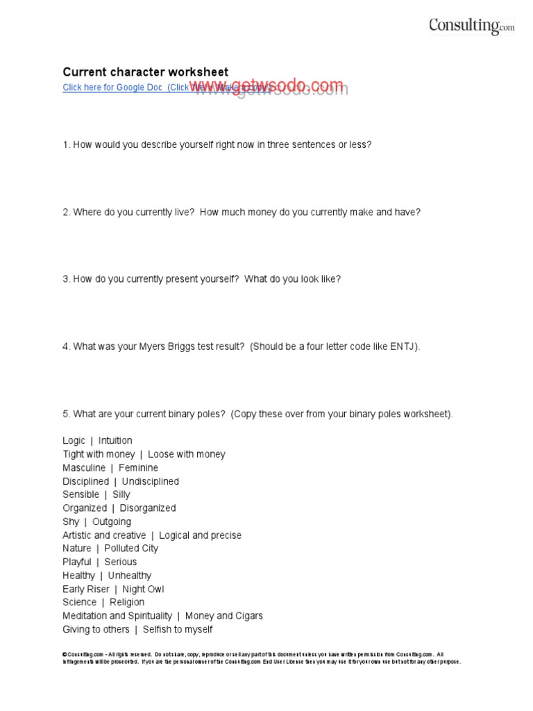 Current Character Worksheet | PDF | Psychological Concepts