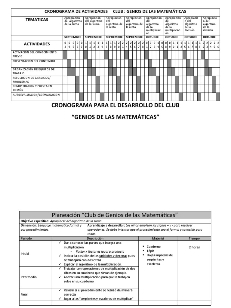 Cronograma Del Club de Genios de Las Matematicas | PDF | Algoritmos |  Multiplicación