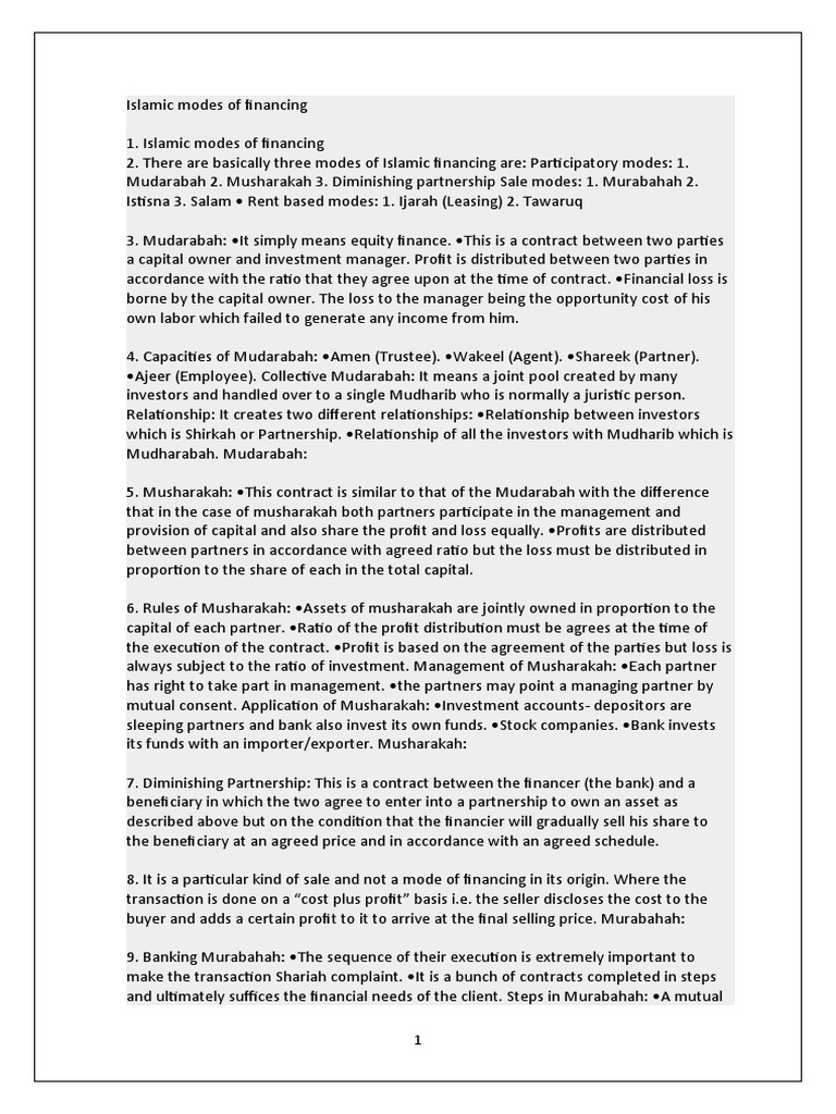 Islamic Modes of Financing A4 | PDF | Banking | Money