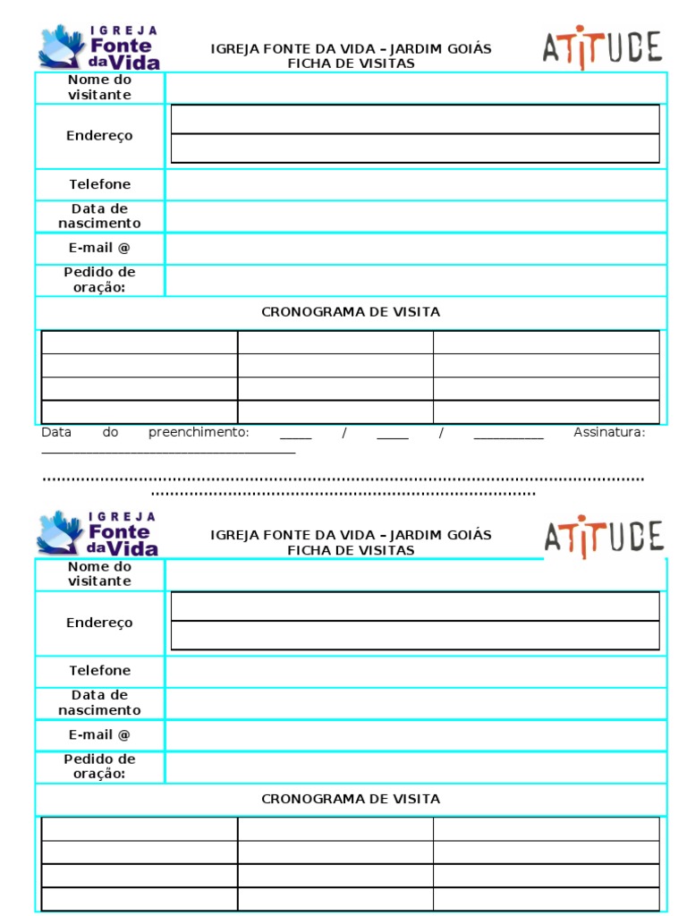 Ficha de Visita Igreja Fonte Da Vida Religião e Crença