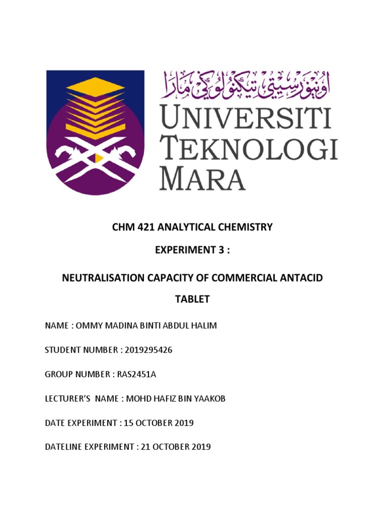 CHM 421 Analytical Chemistry Experiment 3 Neutralisation Capacity of