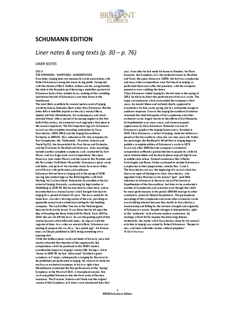 Schumann Edition Liner Notes Brilliant Classics | PDF | Robert Schumann ...