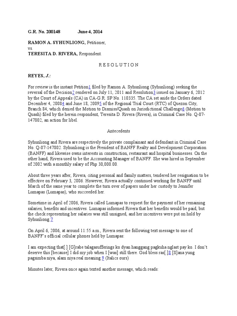 SYHUNLIONG Vs Rivera PDF Defamation Statute Of Limitations