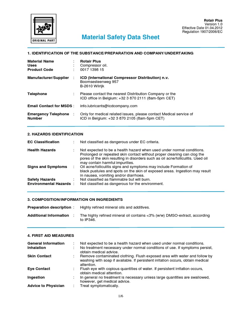 Material Safety Data Sheet Rotair Plus Effective Date 01.04.2012