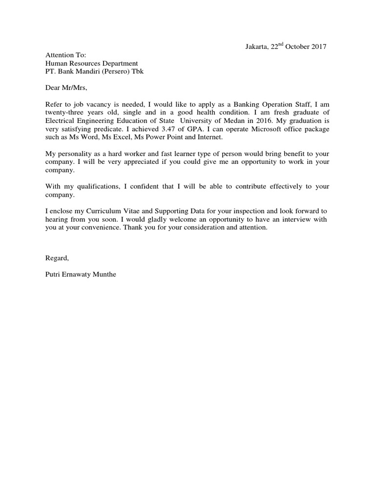 Cover Letter Bank Mandiri | PDF