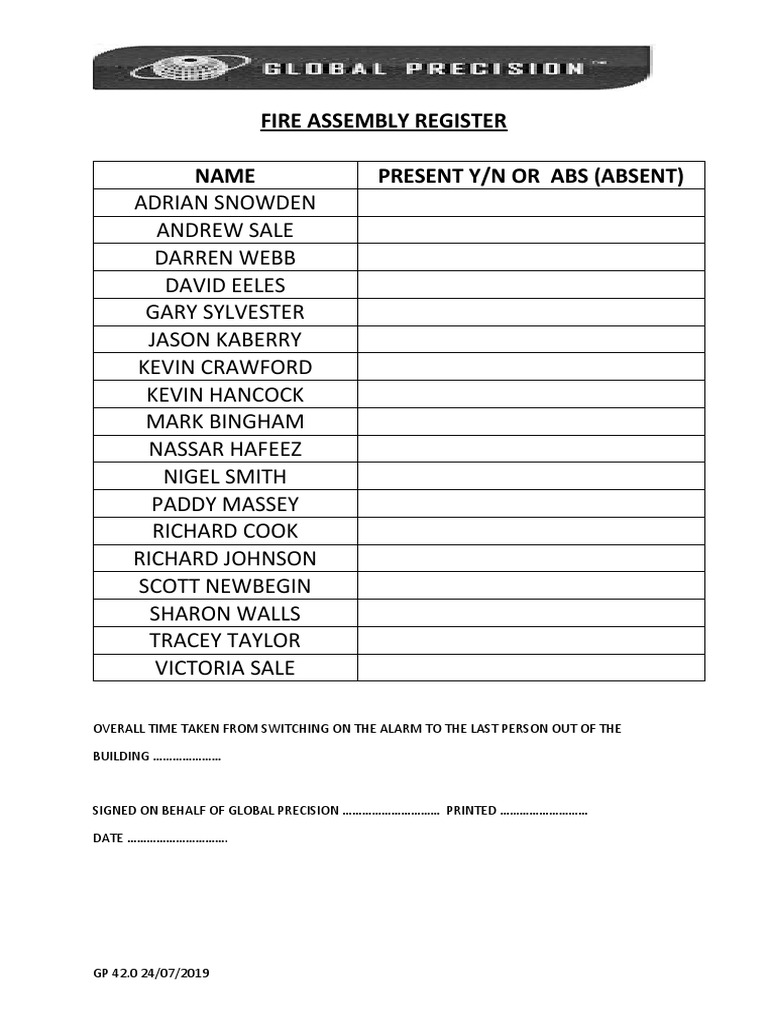 Fire Assembly Register and Attendance Log | PDF
