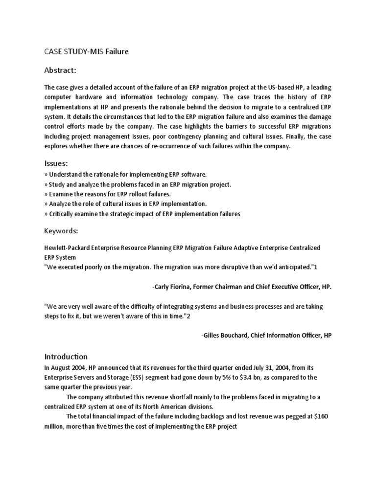 Case Study-Mis Failure Abstract:: Keywords | PDF | Hewlett Packard ...