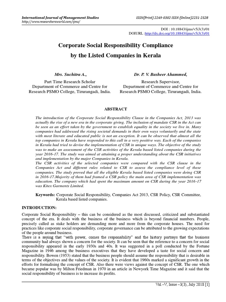 CSR Compliance in Kerala's Listed Companies | PDF | Corporate Social ...