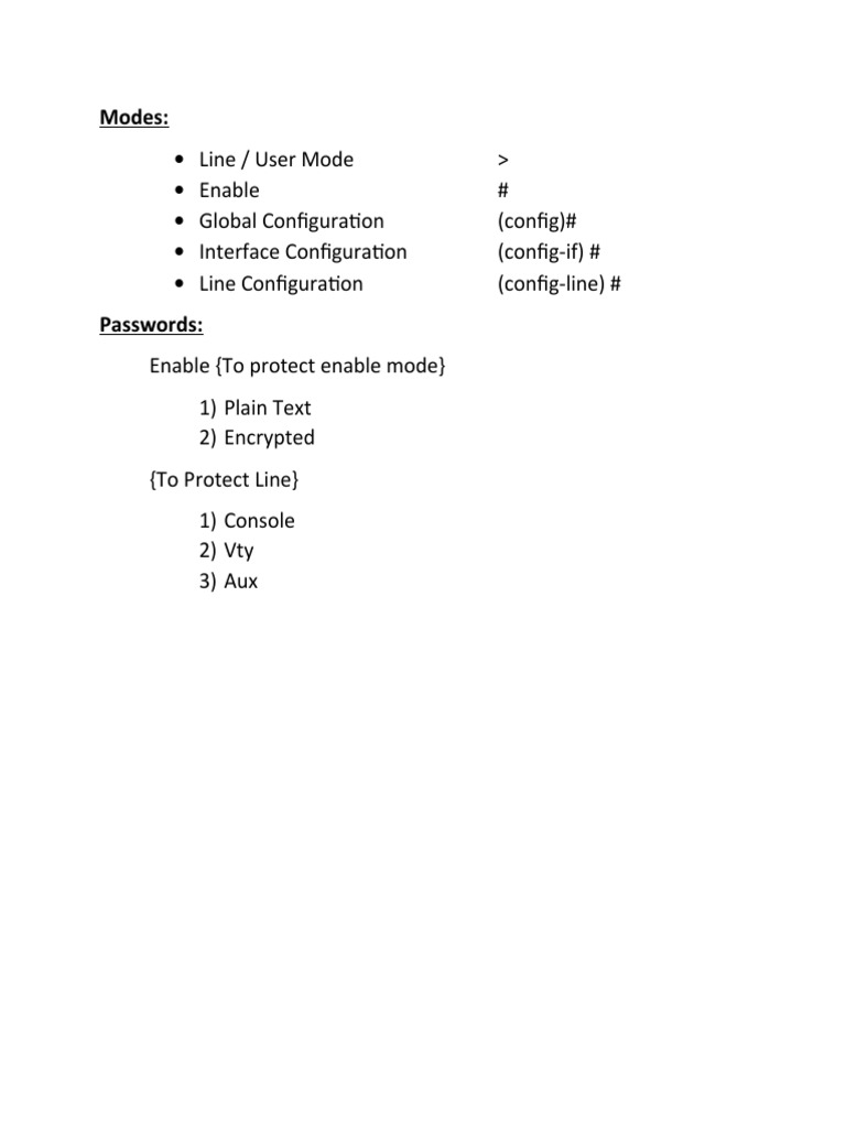 Line / User Mode Enable # Global Configuration (Config) # Interface ...