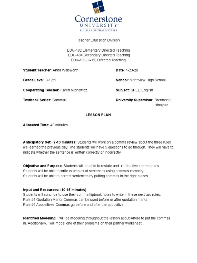 High School Comma Lesson Plan | PDF | Comma | Lesson Plan