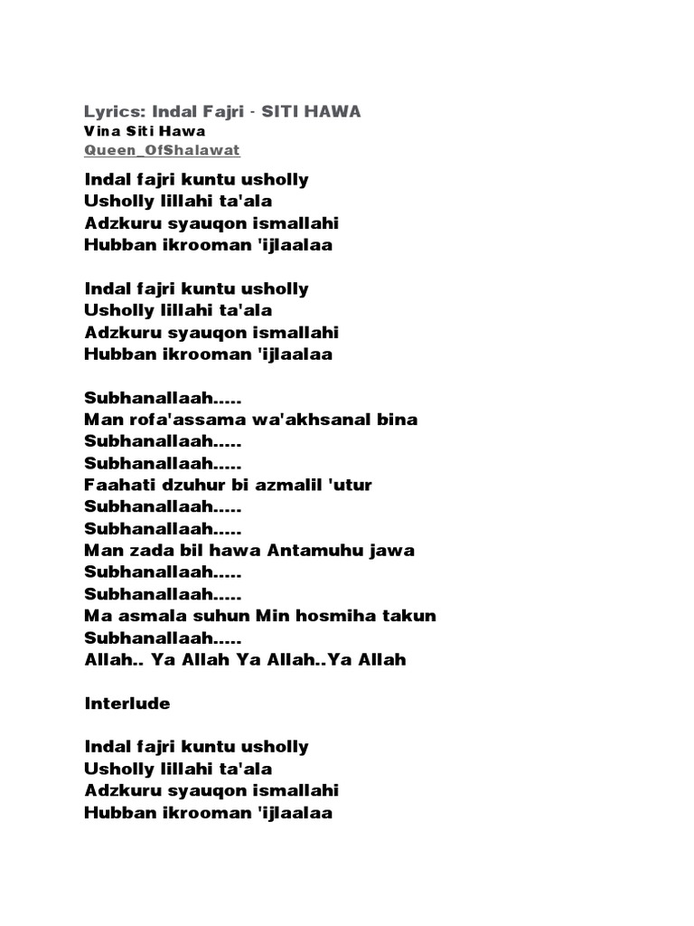 Lyrics Indal Fajri Siti Hawa