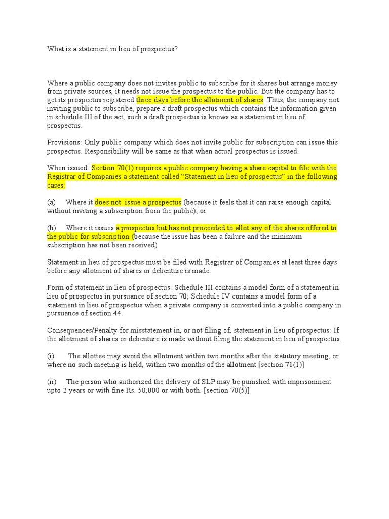Write A Short Note On Statement In Lieu Of Prospectus