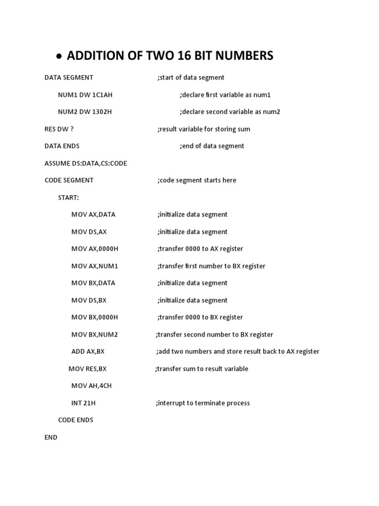 Addition of Two 16 Bit Numbers | PDF