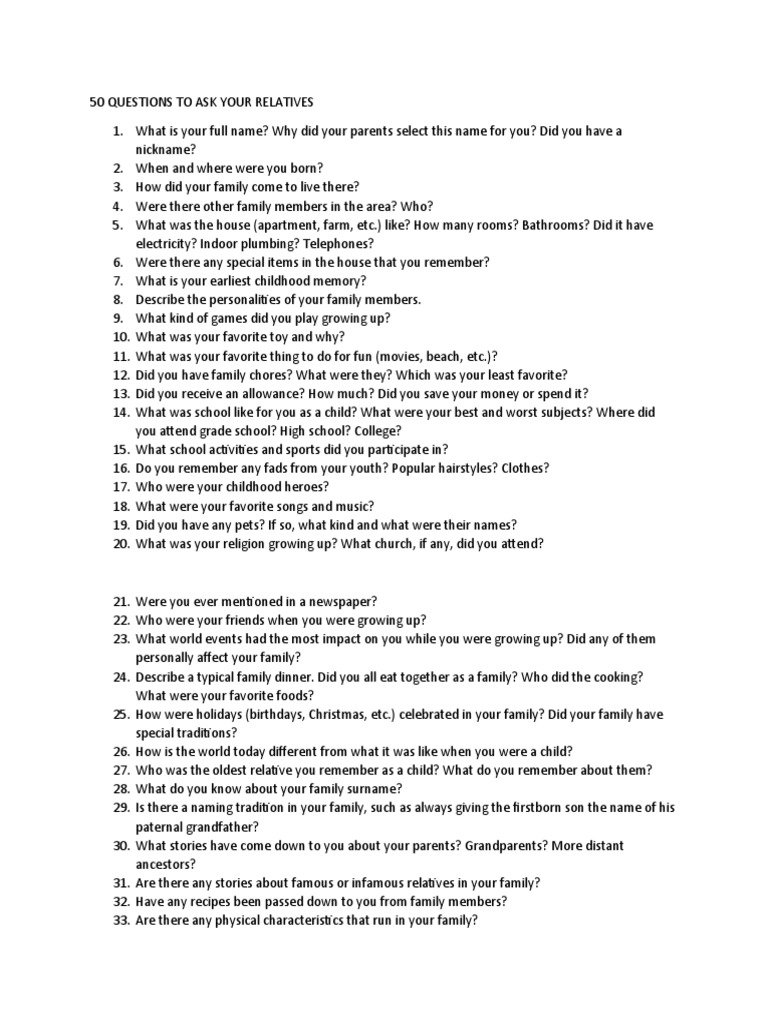 50 Questions To Ask Your Relatives | PDF | Family | Living Arrangements