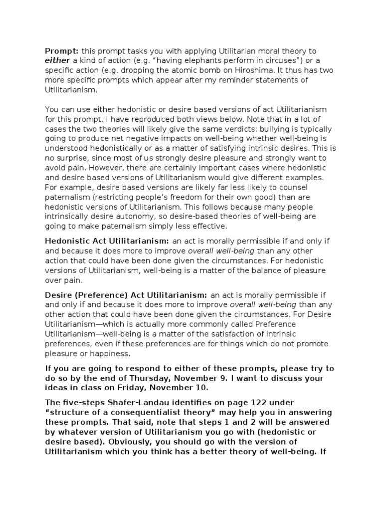 Discussion Board Prompts For Utilitarianism PDF Utilitarianism