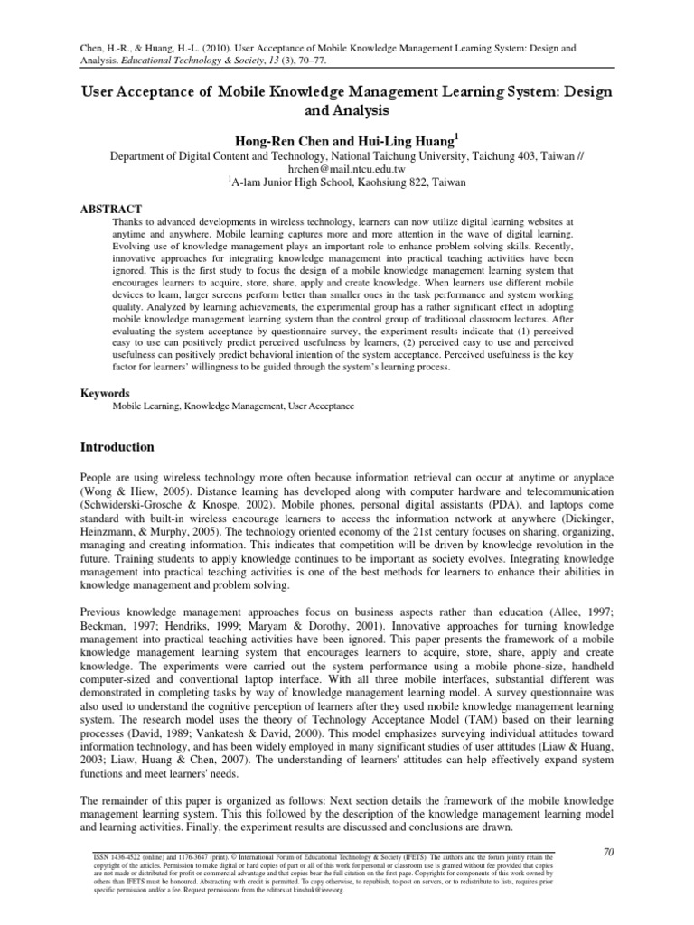 User Acceptance of Mobile Knowledge Management Learning System: Design ...