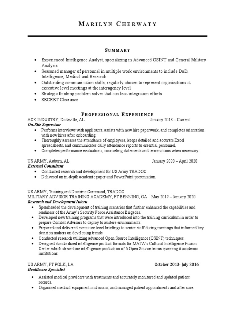 Resume Eportfolio - Marilyn Final | PDF | United States Army | Business