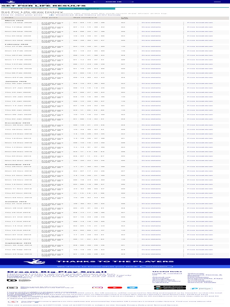 Set For Life Draw History Results The National Lottery PDF | PDF