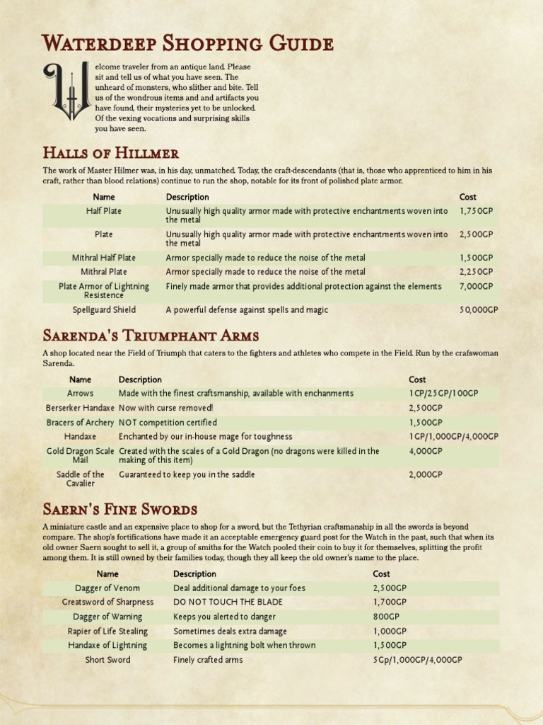 Waterdeep Shopping Guide for Adventurers | PDF | Nature