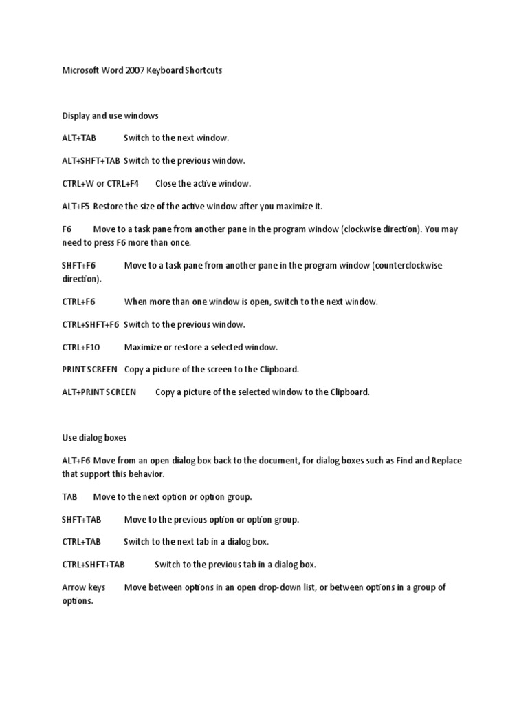 Microsoft Word 2007 Keyboard Shortcuts | PDF | Computer Keyboard ...