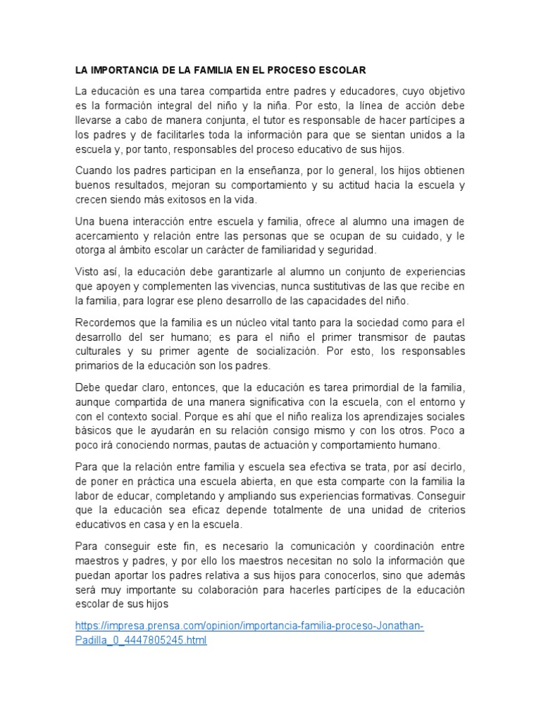 La Importancia de La Familia en El Proceso Escolar | PDF | Familia ...