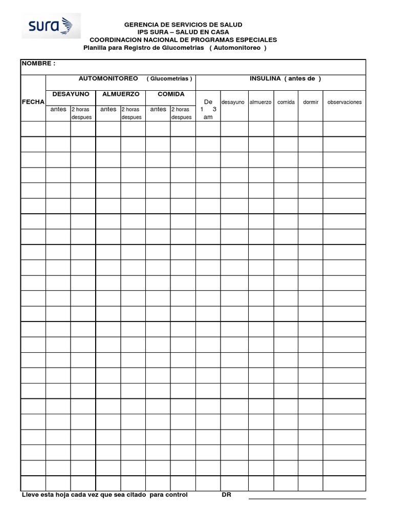 Planilla De Registro De Glucometrias Pdf 