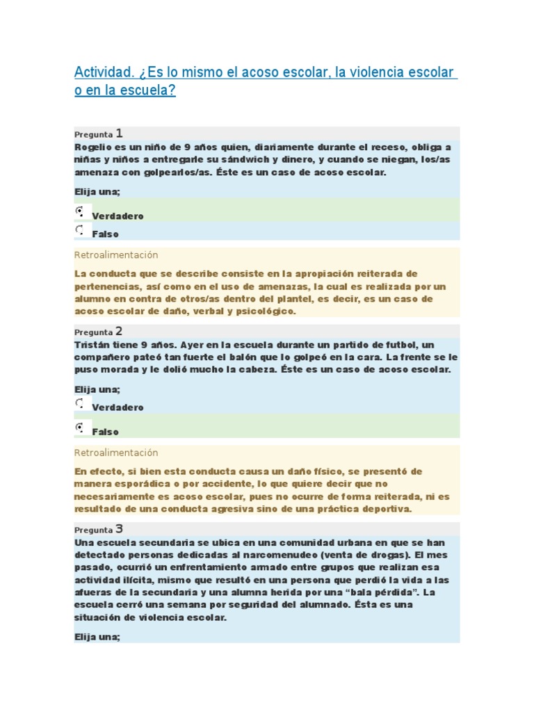 Actividad. Es Lo Mismo El Acoso Escolar, La Violencia Escolar o en La ...