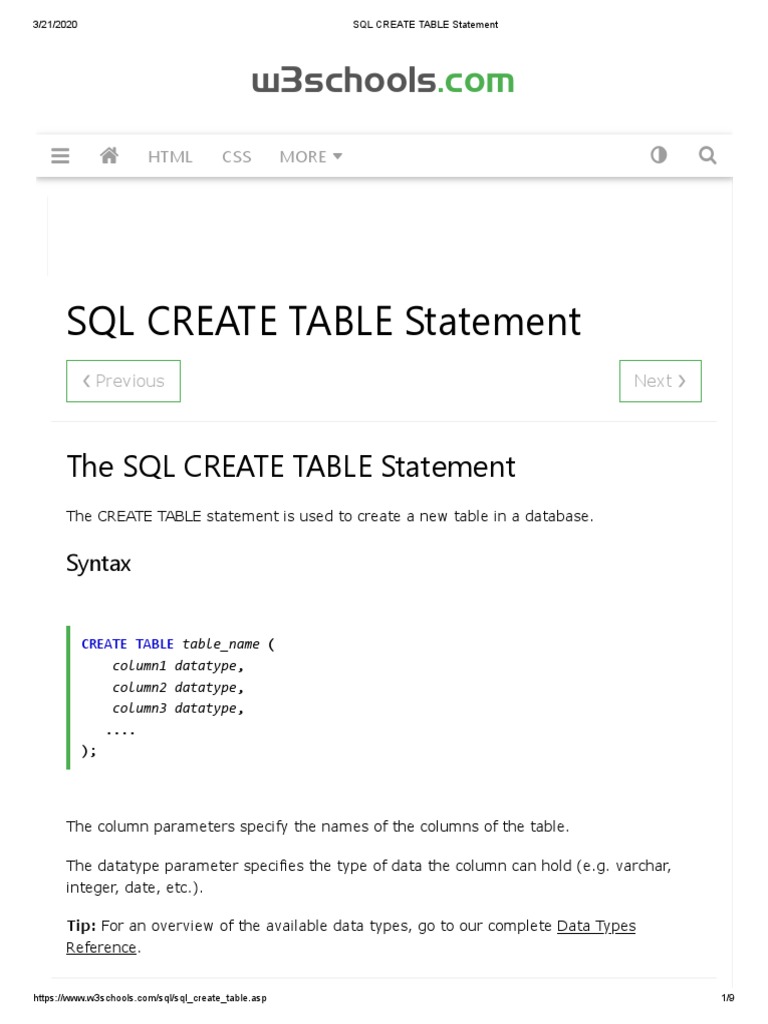 SQL CREATE TABLE Statement | PDF | J Query | Bootstrap (Front End ...