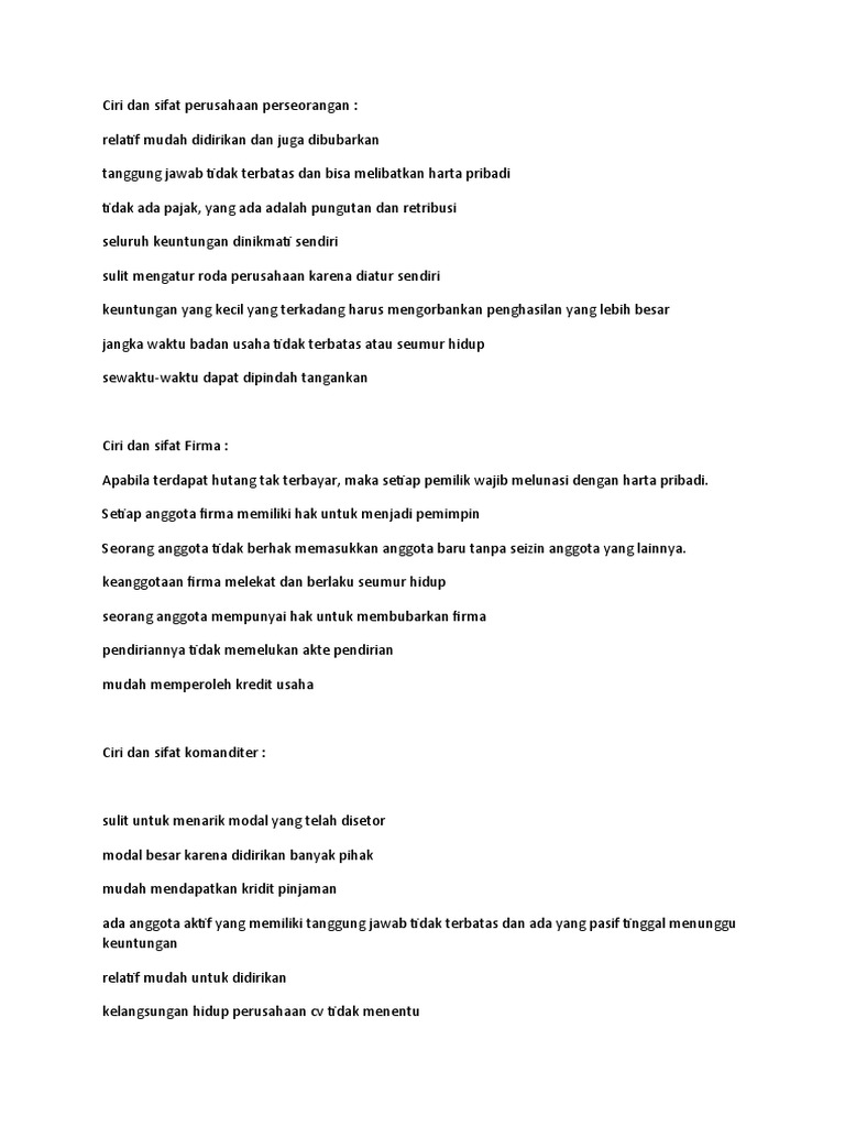 Ciri Dan Sifat Perusahaan Perseorangan