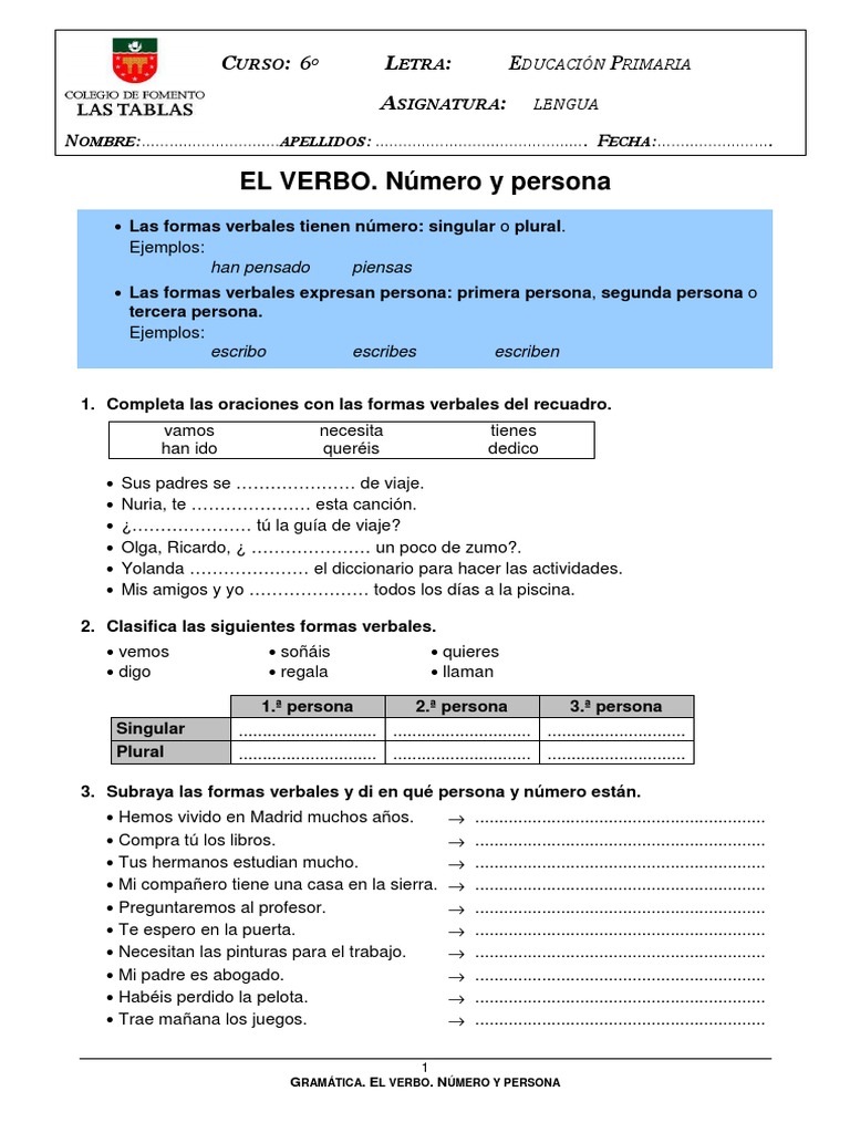 El Verbo Evaluacion PDF | PDF | Verbo | Plural