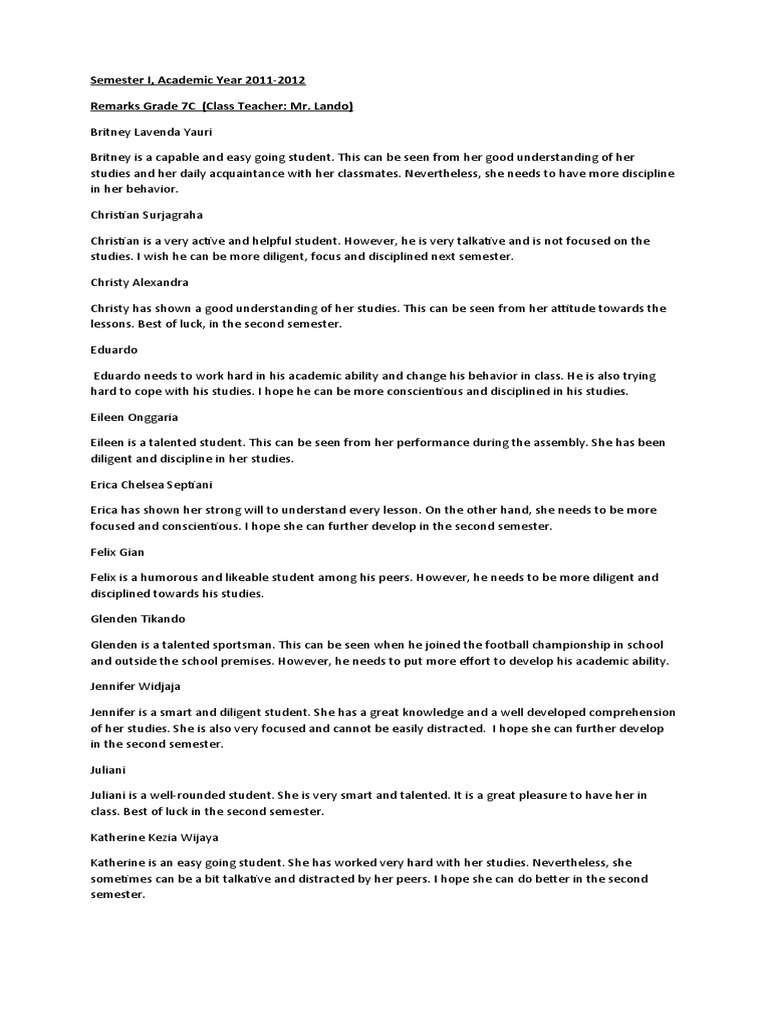 Semester I, Academic Year 2011-2012 Remarks Grade 7C (Class Teacher: Mr ...