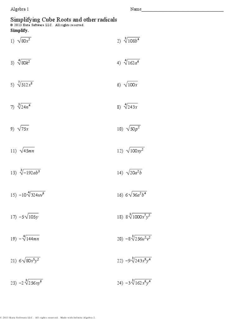 Simplifying Cube  Roots and Other Radicals  PDF  Algebra Pertaining To Simplifying Cube  Roots Worksheet