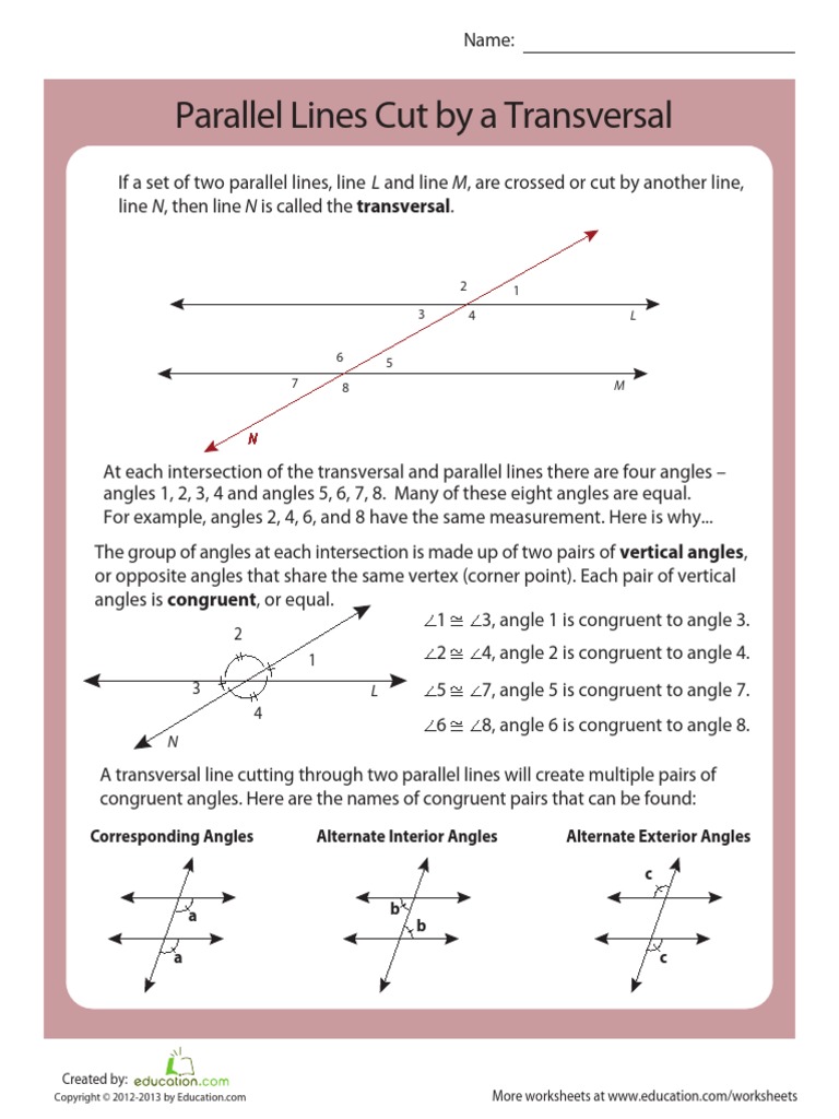 Parallel Lines Cut by A Transversal  PDF  Angle  Elementary Regarding Parallel Lines Transversal Worksheet
