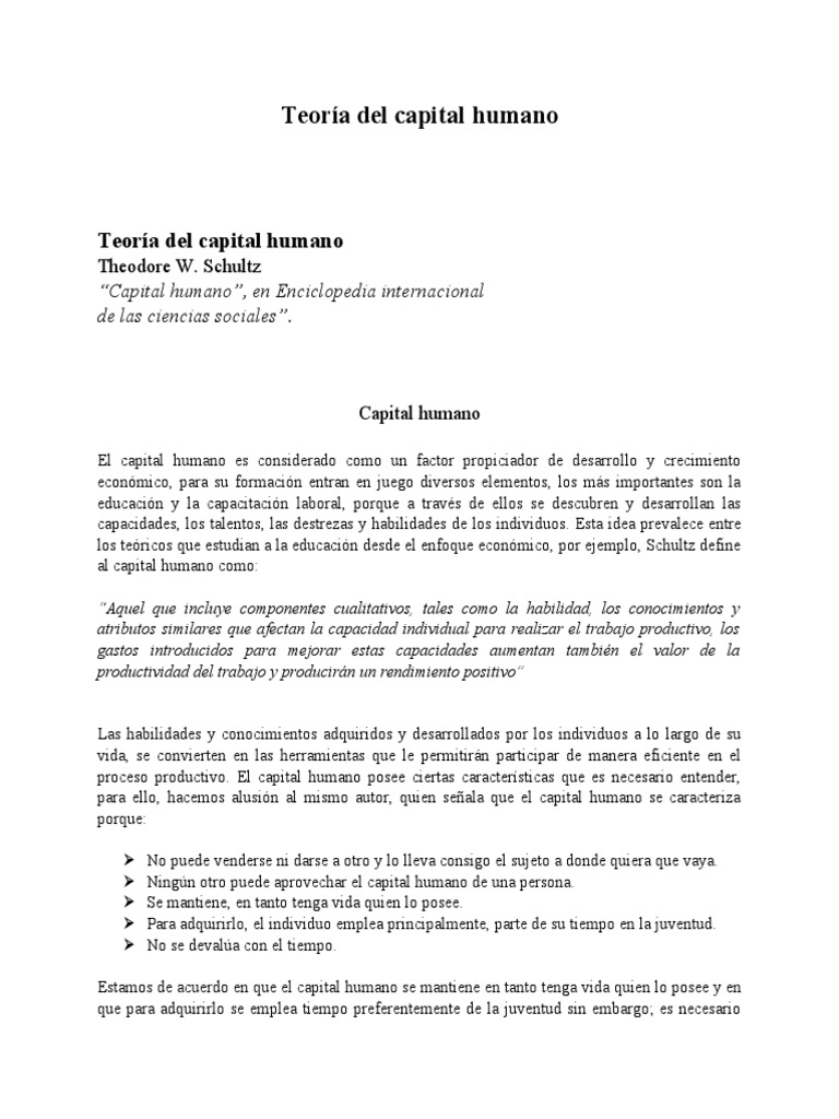 Teoría del capital humano | PDF | Capital humano | Capital (economía)