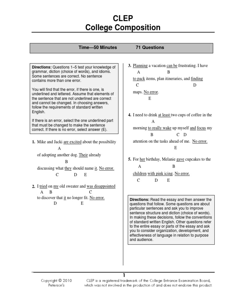 Clep college composition time 50 minutes 71 questions pdf text